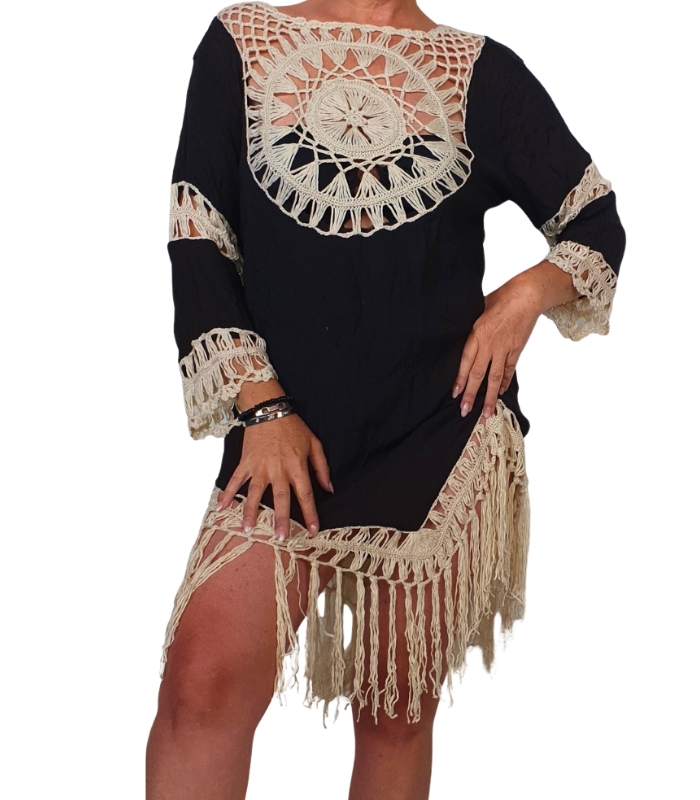 VC03-C1 Vestido crochet largo bicolor con flecos - Imagen 1