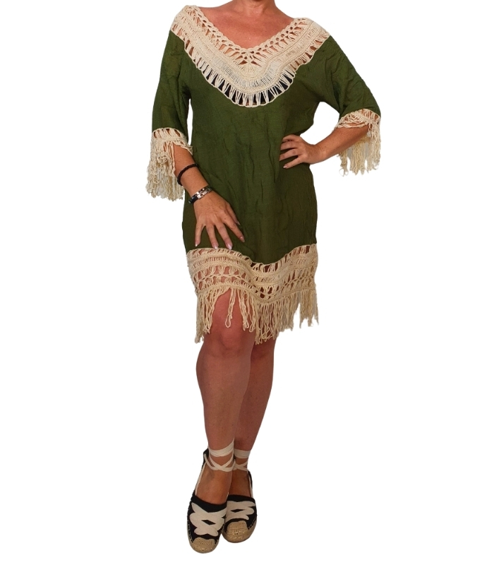 VC05-C1 Vestido crochet flecos bicolor - Imagen 1