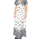 Vestido largo de manga corta con flecos plisado debajo del pecho. - VE1033-E05