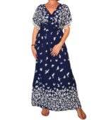 Vestido largo de manga corta con flecos plisado debajo del pecho.