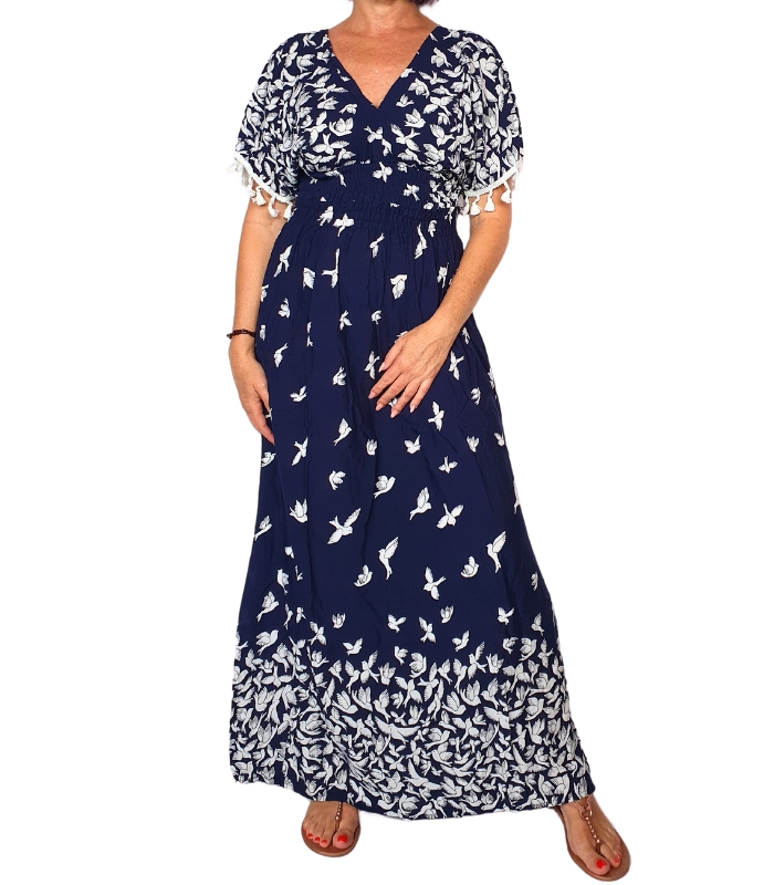 VE1033-6 Vestido largo de manga corta con flecos plisado debajo del pecho. - Imagen 1