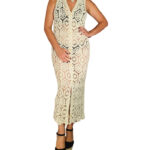 Cárdigan crochet largo sin mangas - Beige