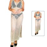 Vestido crochet largo tiras anchas - Beige